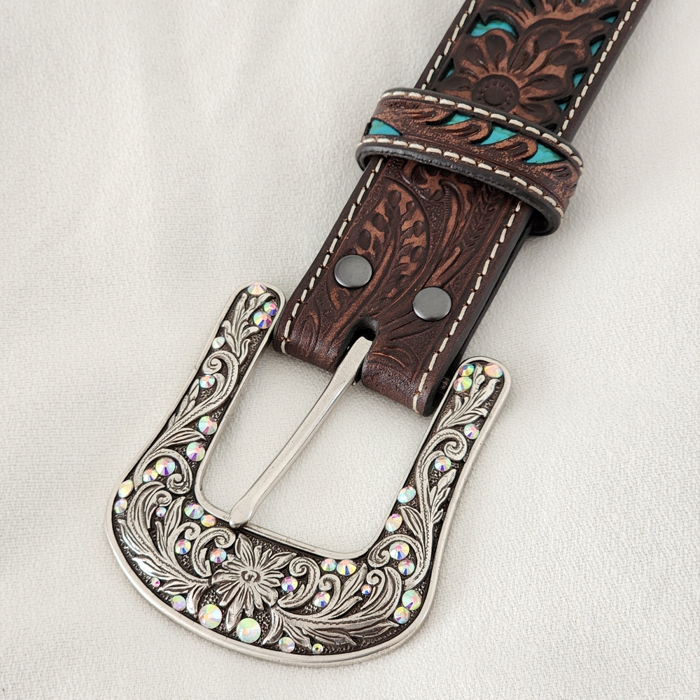 Ariat Women's Turquoise Inlay Floral Tooled Belt - Western Elegance! - Picture 3 of 13